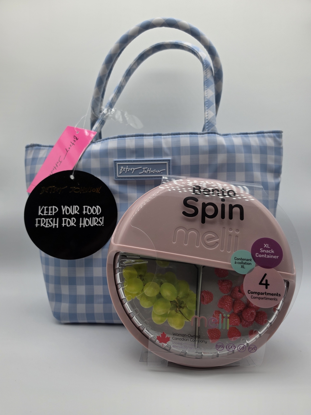 NWT Betsey Johnson Blue Gingham Insulated Lunch Tote & Melii Bento Spin Box Set